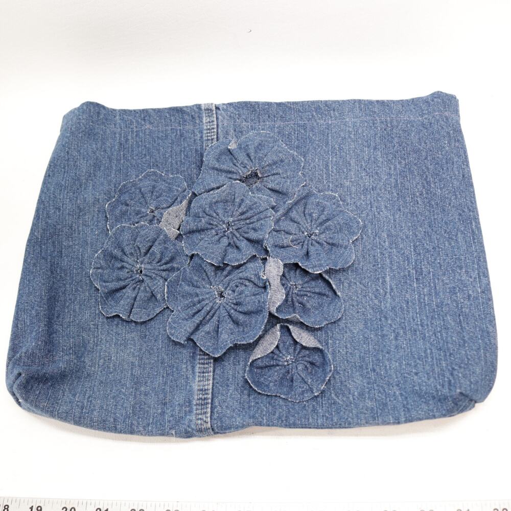 Handmade Denim Storage Bag Women M Blue Applique Flower Lined Outside Pockets